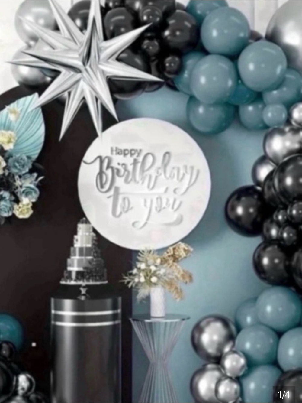 Happy Birthday Balloon Arch Decor - Black, Teal & Silver